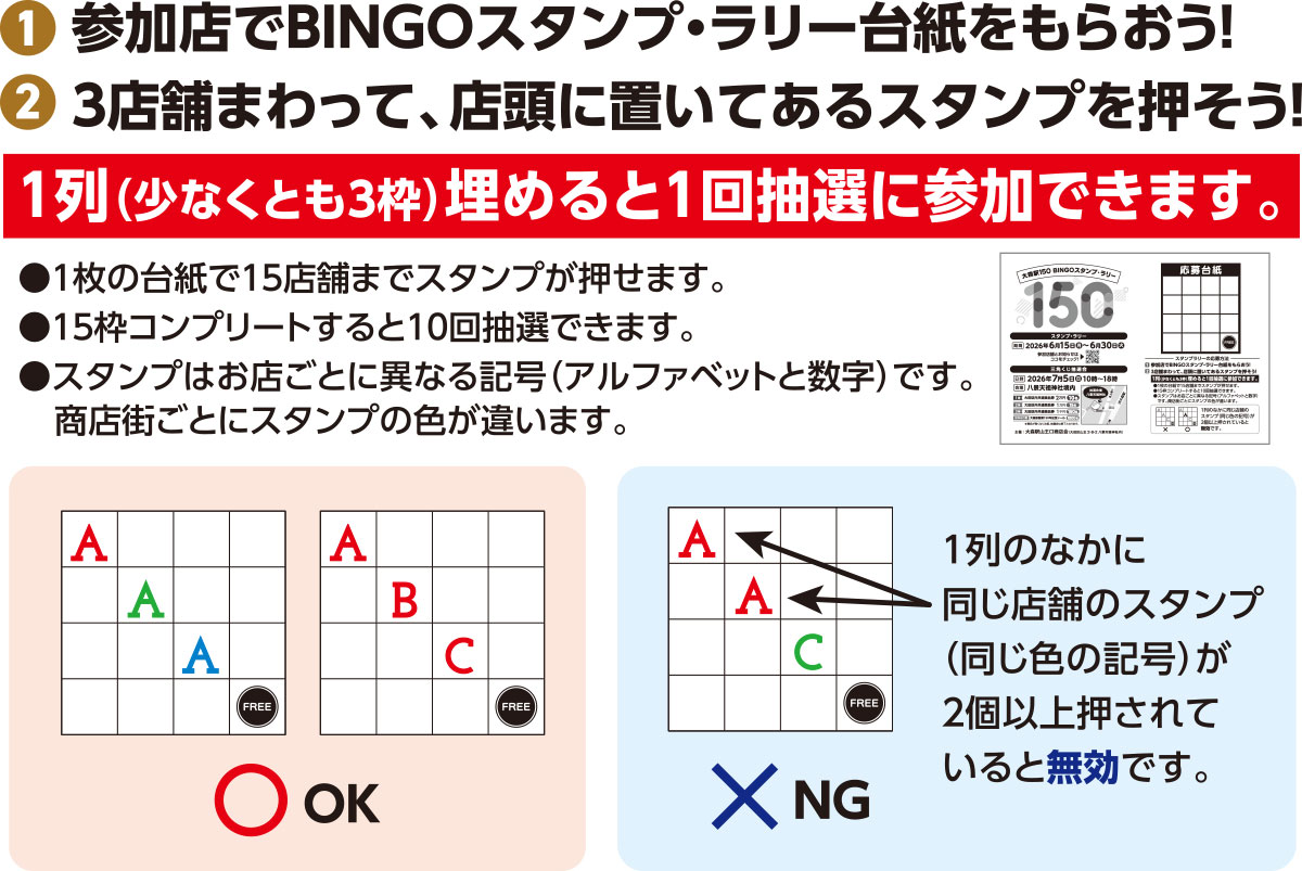 1)参加店でBINGOスタンプ・ラリー台紙をもらおう! 2)3店舗まわって店頭に置いてあるスタンプを押そう! ●1列(少なくとも3枠)埋めると1クチ応募できます。
